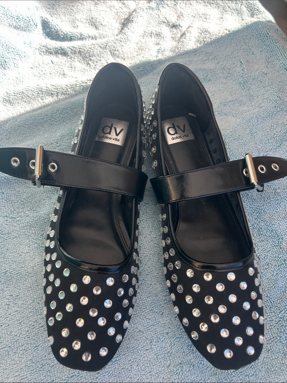 Dolce Vita Black Crystal-Embellished Mary Jane Flats